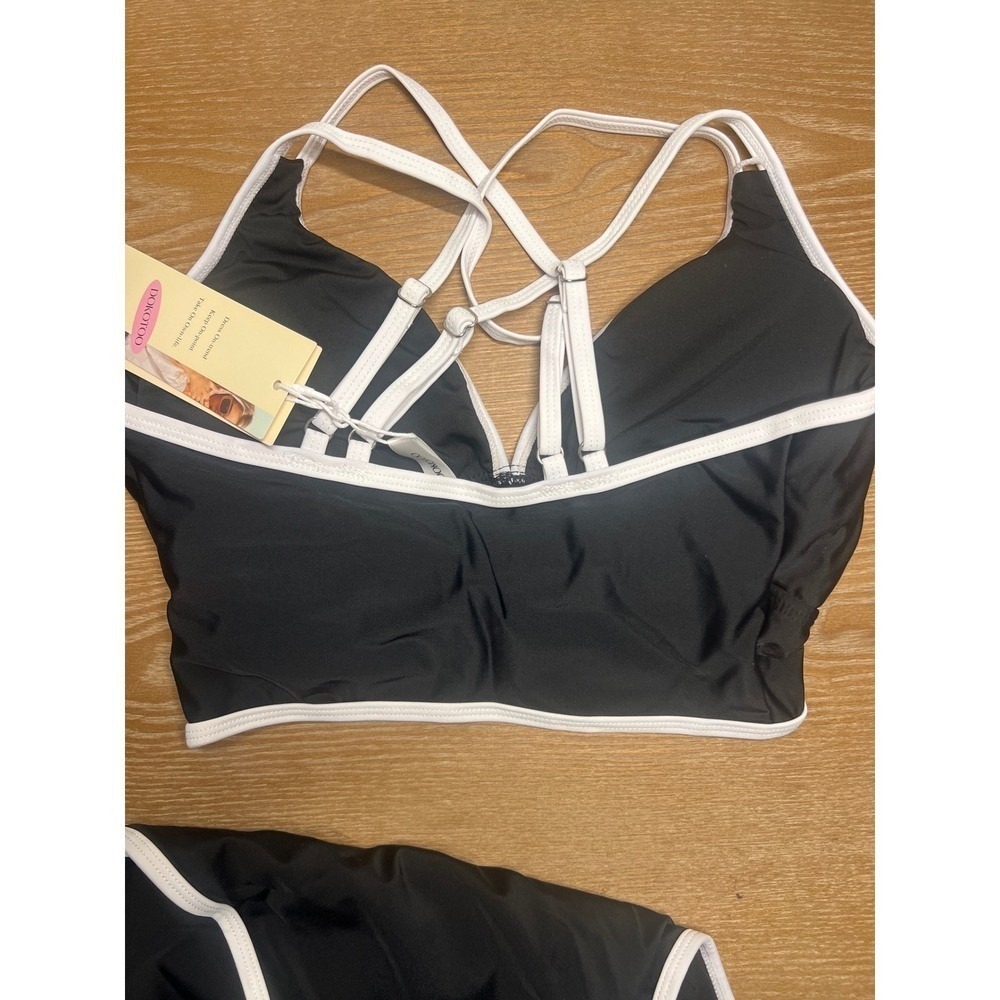 Dokotoo Womens Black White Contrast Trim High Waisted Bikini Set NWT - Picture 5 of 6